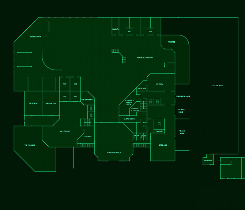 a day at the Cyberpunk-y Streets - Part 2: The Casino [70x62] [modern variant. Basement, Ground floor & Upper floor + Floorplan Handouts]