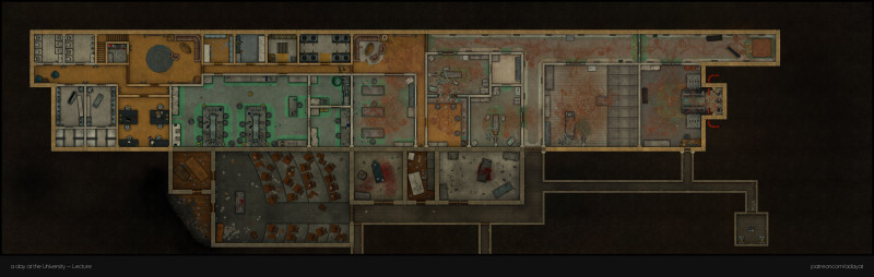 Do you dare venture into the fungus-infested basement rooms of the Campus of Human Sciences? I hope you haven't forgotten your gas mask. > a day at the university battlemaps - Lecture & medical faculty building [82x26, abandoned version] & Entrance [27x43