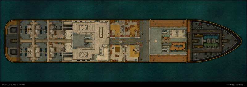 a day on the cruise ship - multi level map (deck -1 to deck 3 as abandoned variant & deck 4 to 7 + roof as modern variant) + floorplan handouts [99x35]