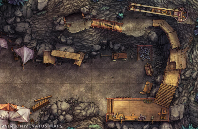 Liftworks Quarry - A network of rickety platforms leading to a cliffside cave [26x17]