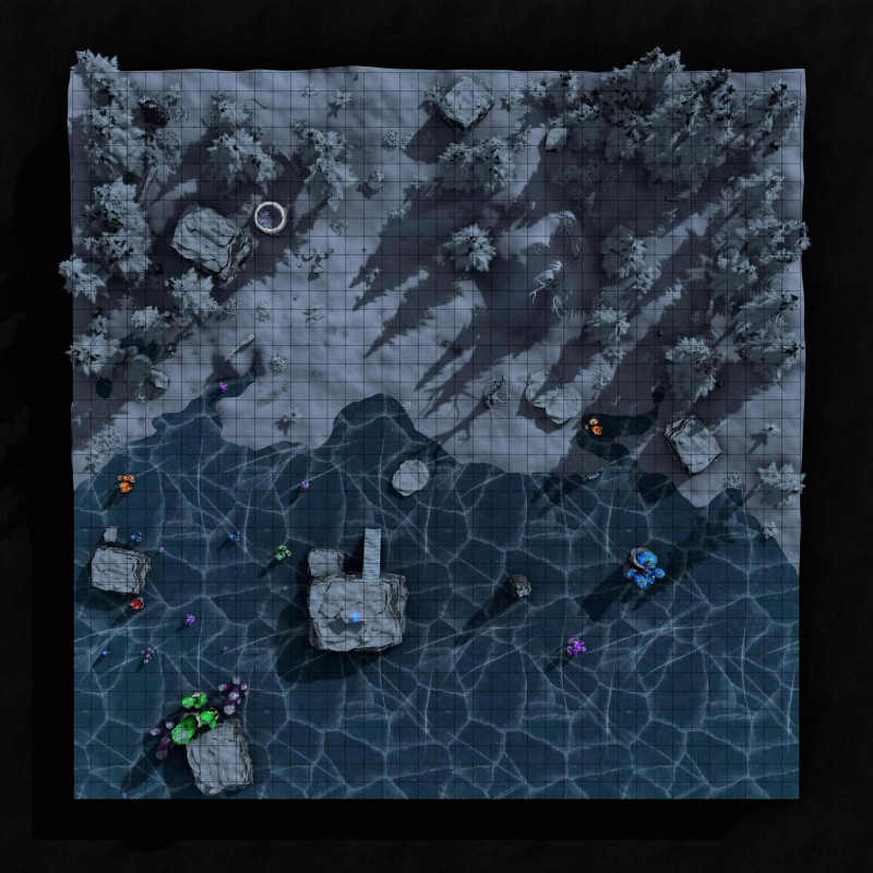[OC] The Crystalline Lake — a frozen battlemap with a twist (Before/After the monster surfaces)
