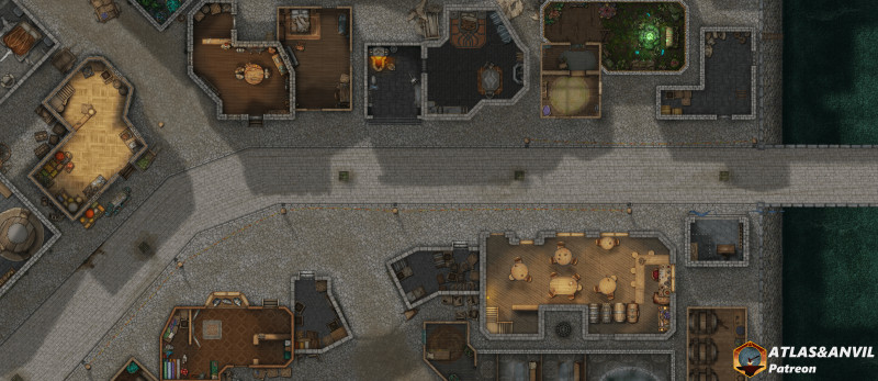 City Streets, a 4-layer urban battlemap. Ground, Upper Floor, Rooftop and Sewers [60x26]