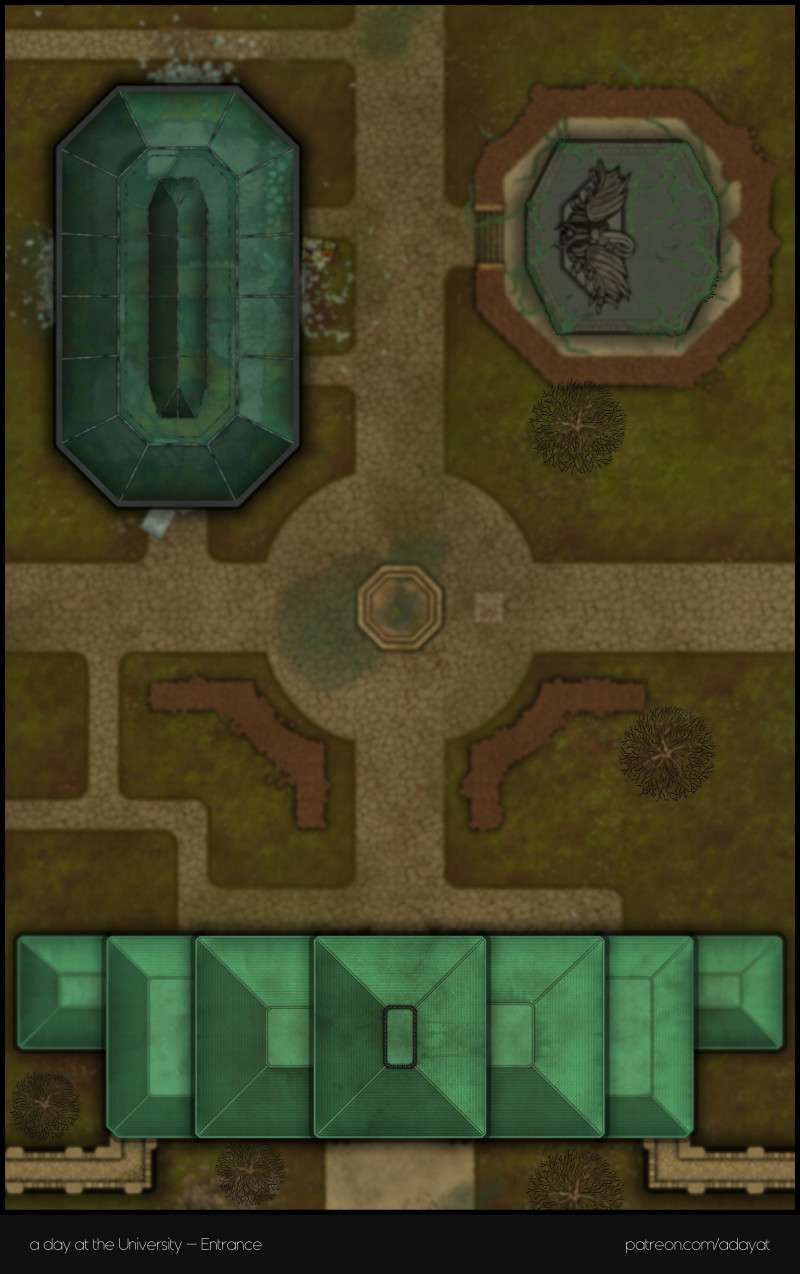 Do you dare venture into the fungus-infested basement rooms of the Campus of Human Sciences? I hope you haven't forgotten your gas mask. > a day at the university battlemaps - Lecture & medical faculty building [82x26, abandoned version] & Entrance [27x43