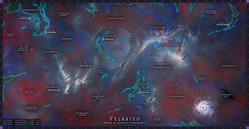 [OC] Velkaizo - World of Magnetic Dissonance, a sci-fantasy map and setting inspired by a fusion of Mistborn and Stormlight. Multiple versions available for free, with and without text.