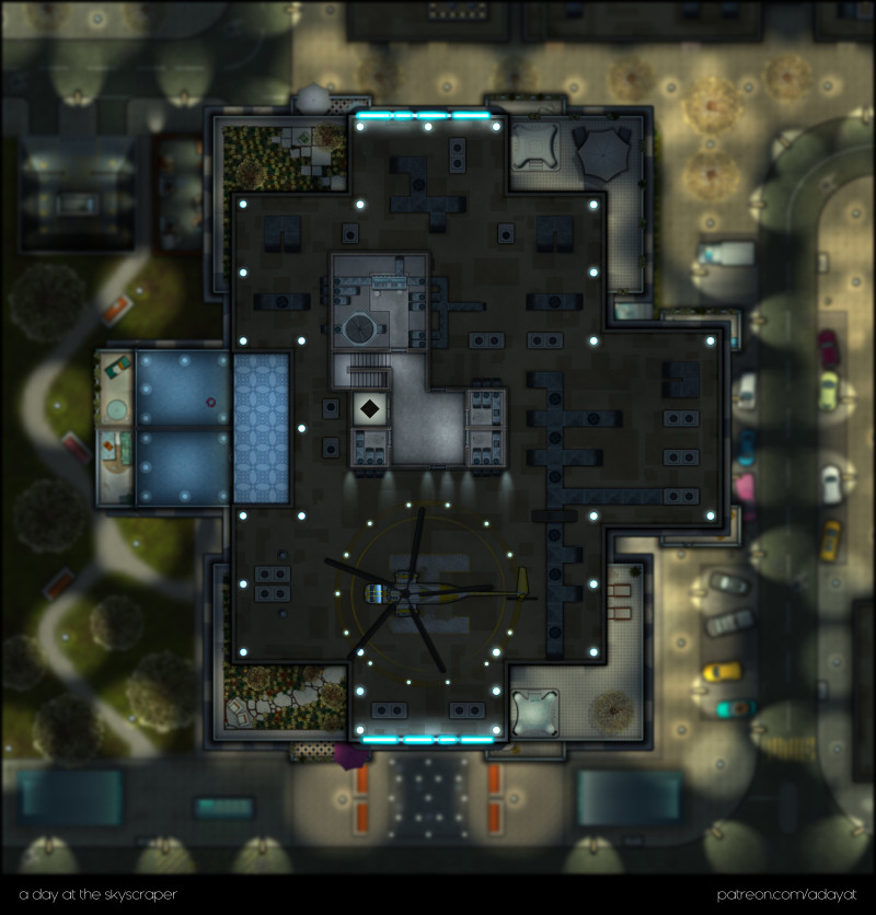 a day at the skyscraper – a multilevel battlemap over 7 unique floors [45x47] [nighttime with blurry background variants]