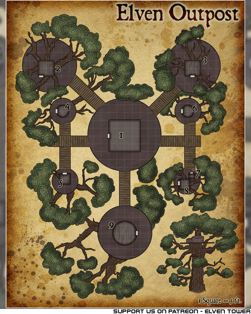 Elven Outpost - Small settlement built on the treetops.