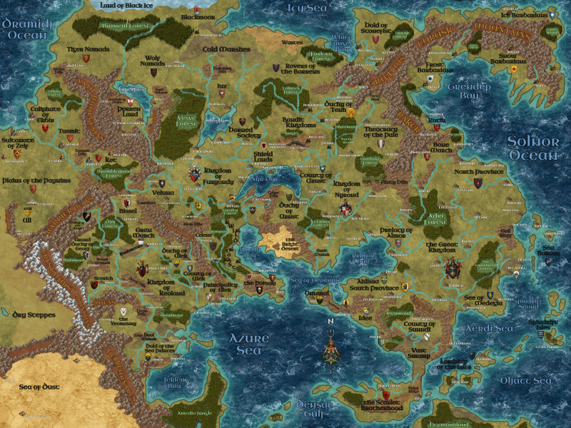 The World of Greyhawk, map of the Flanaess with Coats of Arms