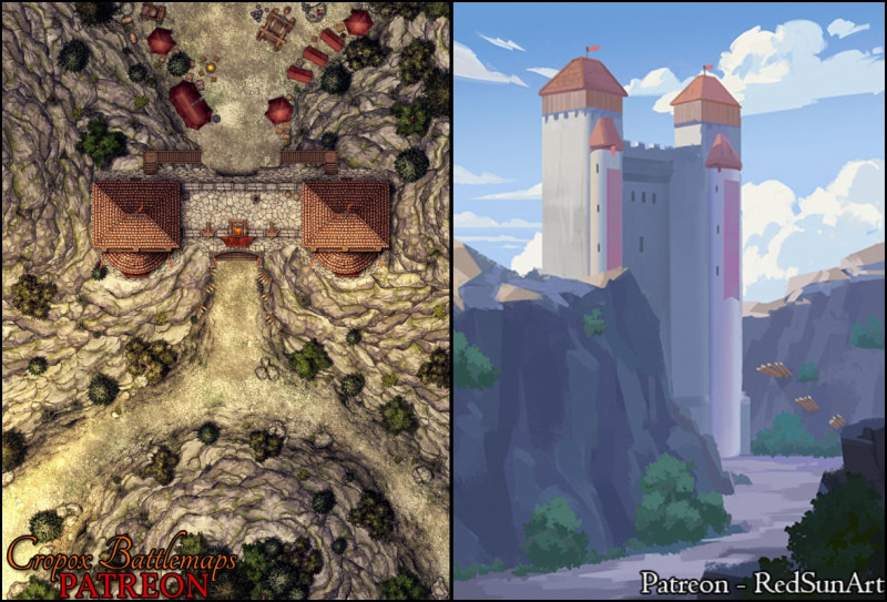 Mountain Gate 30x40 battle map + scene - Cropox Battlemaps & Red Sun Art