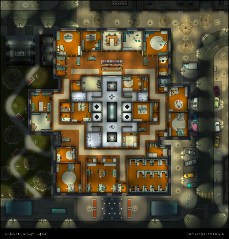 a day at the skyscraper – a multilevel battlemap over 7 unique floors [45x47] [nighttime with blurry background variants]