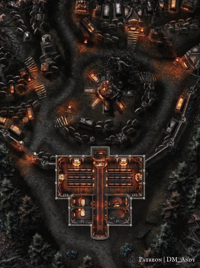 Church of Barovia & Graveyard Battlemap | DM Andy Maps | 30x40 | Exterior, Interior, Underground