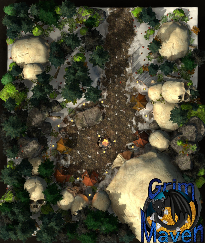 "Giants Camp"(27x32) oh good there's a nice bit of cover in that weirdly white rock over there! Perfect for a camping spot. They'll get a fright in the day time when they realise.