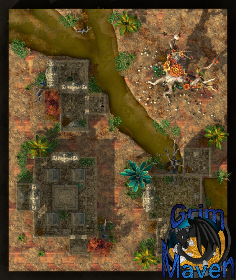"Fey Temple" (27x32) an ancient ruin, a ritual tree. Something buried beneath? Or a trap waiting to be triggered?