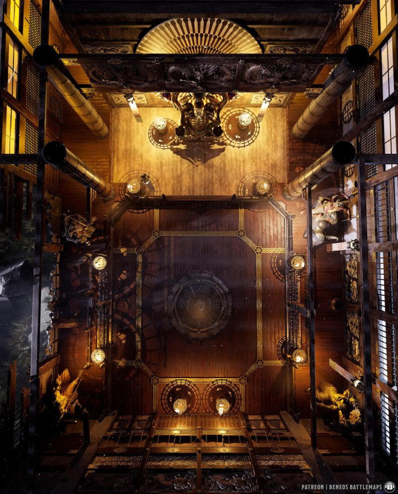 Eastern Temple | [Animated Battlemap] [29x36] [100px per Square] [Gridless] [3D Rendered] [OC] | Beneos Battlemaps