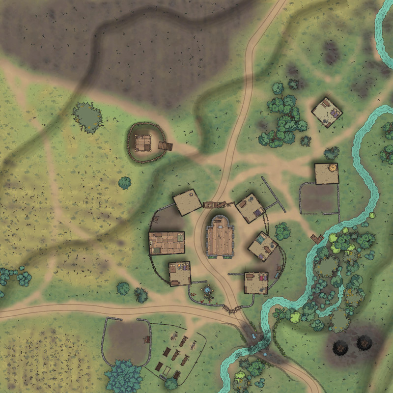 Village/Hamlet/Town siege map for a wargaming scenario (68x68)