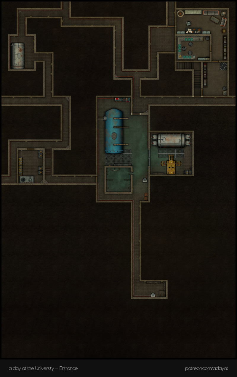Do you dare venture into the fungus-infested basement rooms of the Campus of Human Sciences? I hope you haven't forgotten your gas mask. > a day at the university battlemaps - Lecture & medical faculty building [82x26, abandoned version] & Entrance [27x43