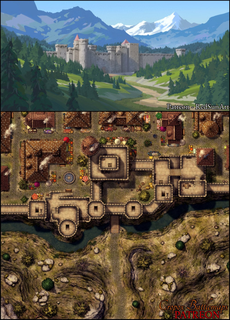 Main Gate Fortress 44x40 battle map & scene (Cropox Battlemaps & Red Sun Art)