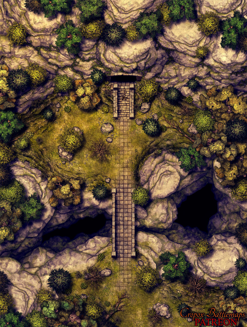 The Mountain’s Forgotten Gate 25x33 battle map + scene (Cropox Battlemaps & Red Sun Art)