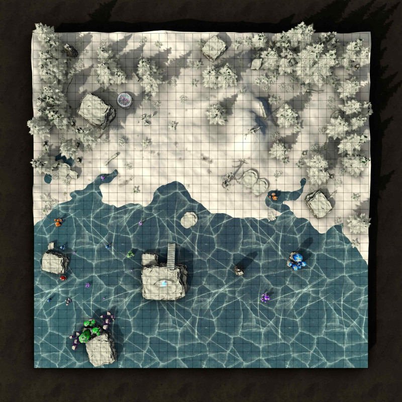[OC] The Crystalline Lake — a frozen battlemap with a twist (Before/After the monster surfaces)