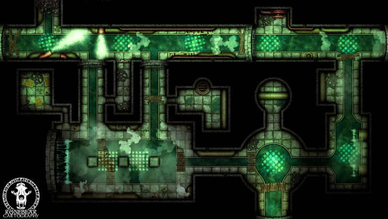 44x25 Steamy Sewers Dungeon Map by Runebear Cartography