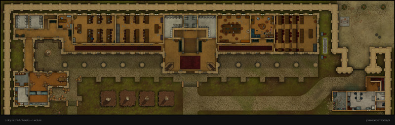 Do you dare venture into the fungus-infested basement rooms of the Campus of Human Sciences? I hope you haven't forgotten your gas mask. > a day at the university battlemaps - Lecture & medical faculty building [82x26, abandoned version] & Entrance [27x43