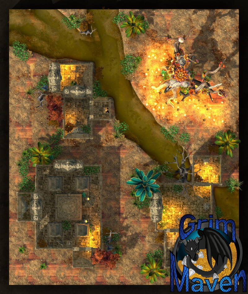 "Fey Temple" (27x32) an ancient ruin, a ritual tree. Something buried beneath? Or a trap waiting to be triggered?