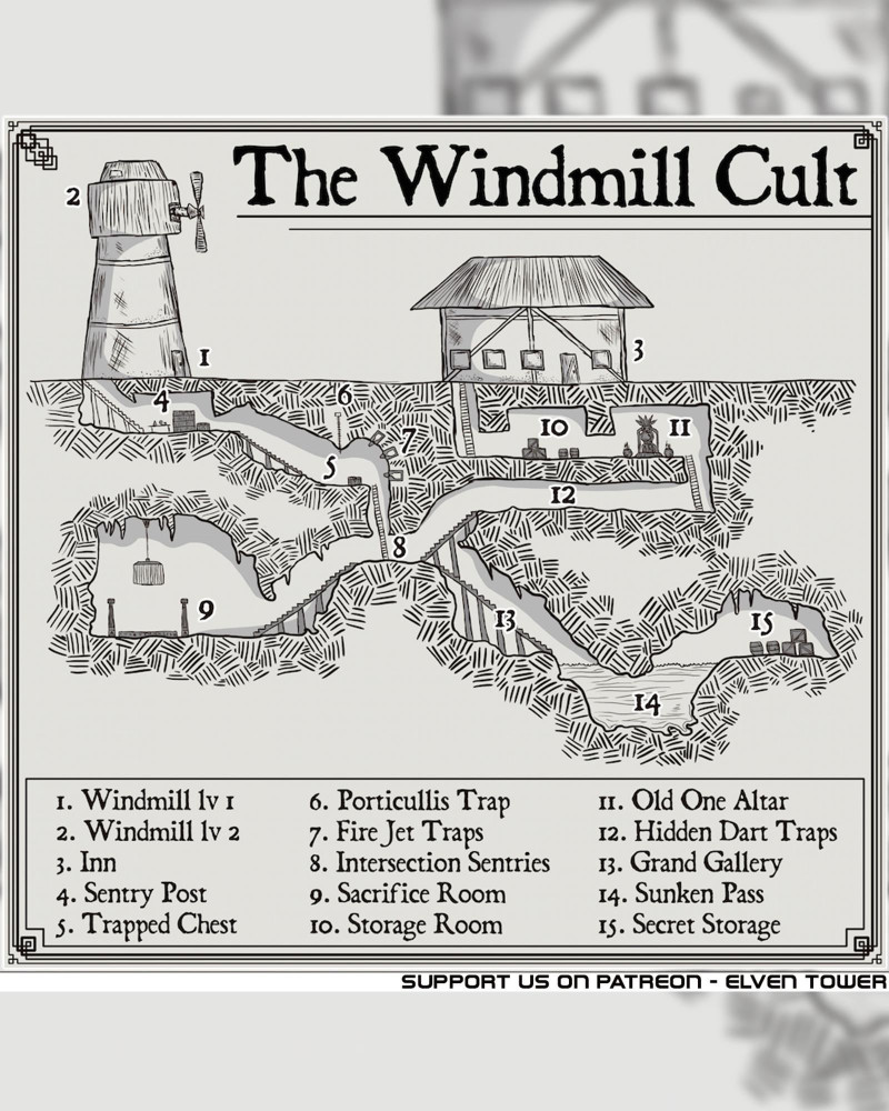 Map of a Mill - Small dungeon (side-view) below - The Windmill Cult