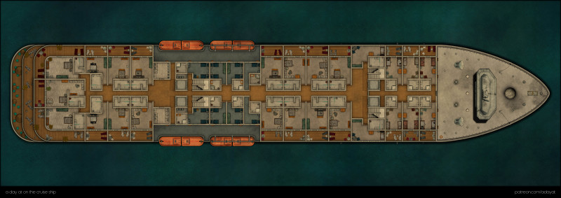 a day on the cruise ship - multi level map (deck -1 to deck 3 as abandoned variant & deck 4 to 7 + roof as modern variant) + floorplan handouts [99x35]