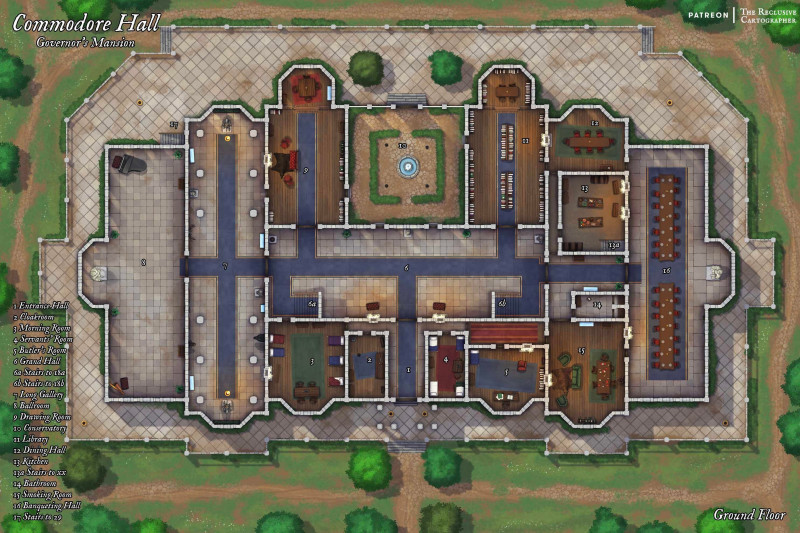 Commodore Hall - Governor's Mansion - 60x40 - 4 Level Dungeon Map - Drawn in PS and Procreate