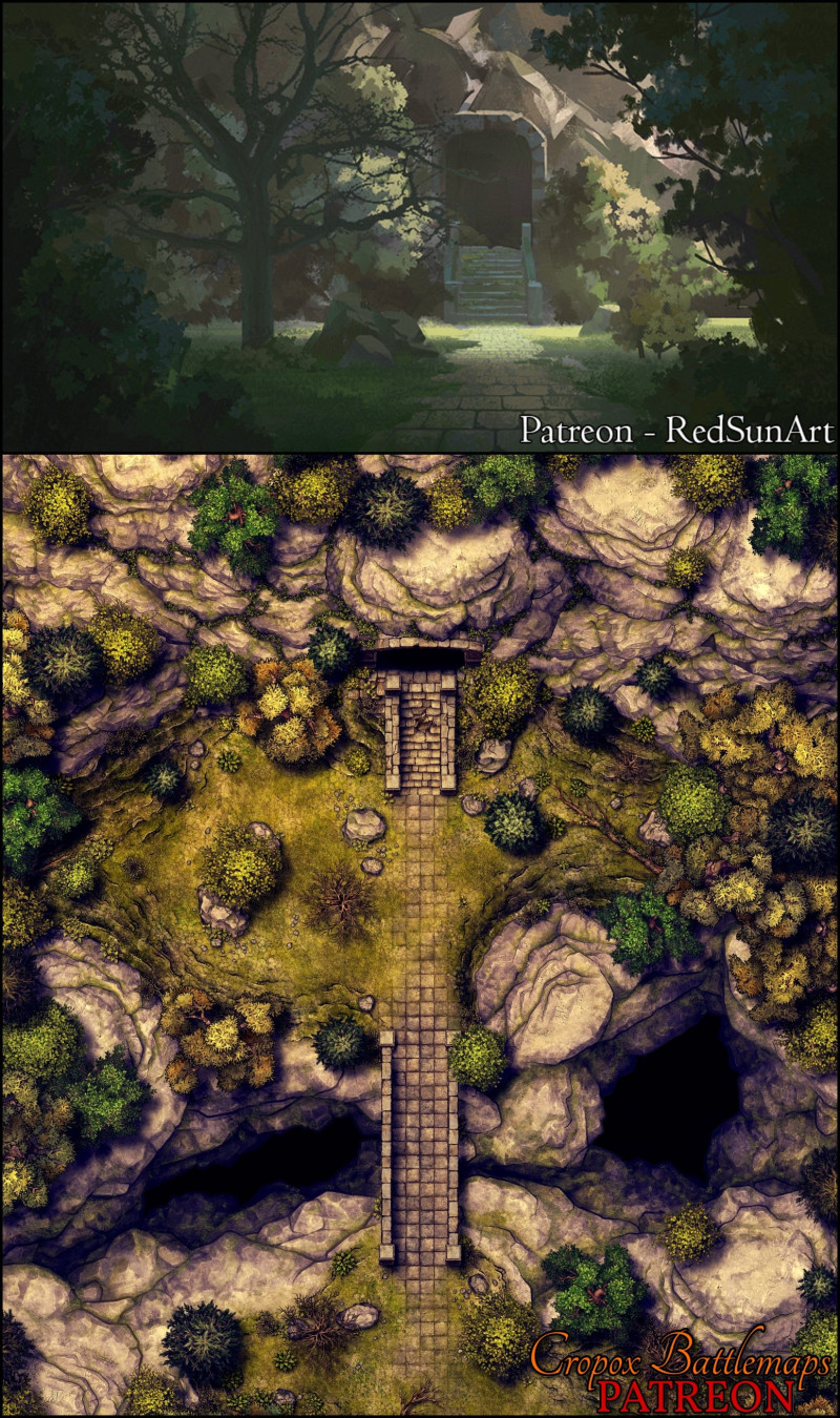 The Mountain’s Forgotten Gate 25x33 battle map + scene (Cropox Battlemaps & Red Sun Art)