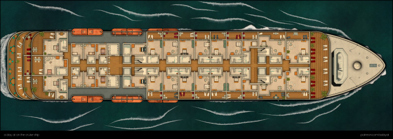 a day on the cruise ship - multi level map (deck -1 to deck 3 as abandoned variant & deck 4 to 7 + roof as modern variant) + floorplan handouts [99x35]
