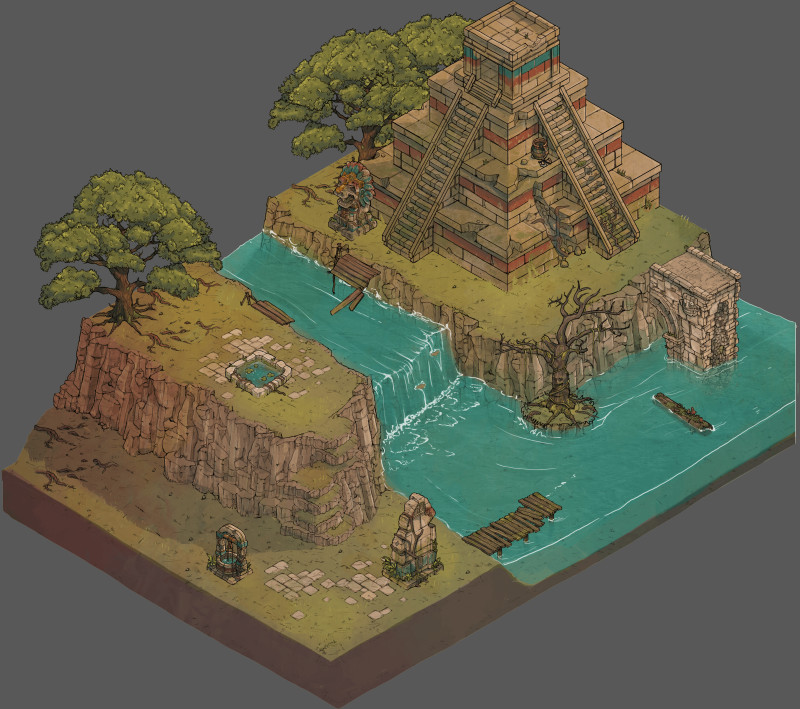 Isometric meso-american themed ruined Temple