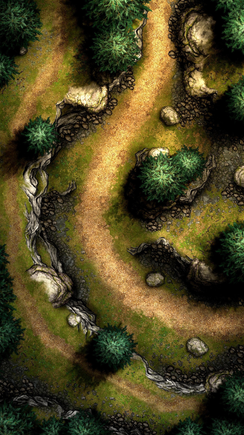 Pine Gulley 32x18 Battlemap by Runebear Cartography (+Storm Variant)