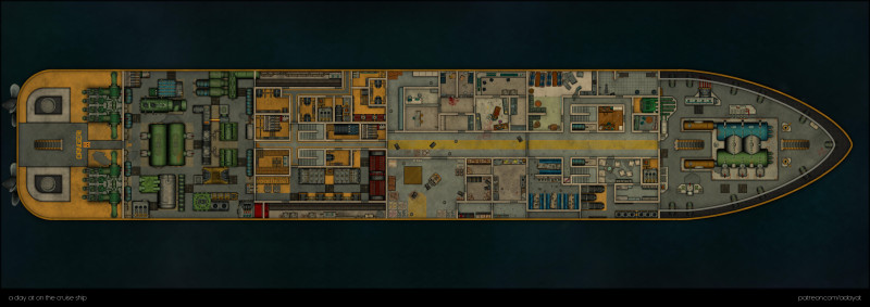 a day on the cruise ship - multi level map (deck -1 to deck 3 as abandoned variant & deck 4 to 7 + roof as modern variant) + floorplan handouts [99x35]
