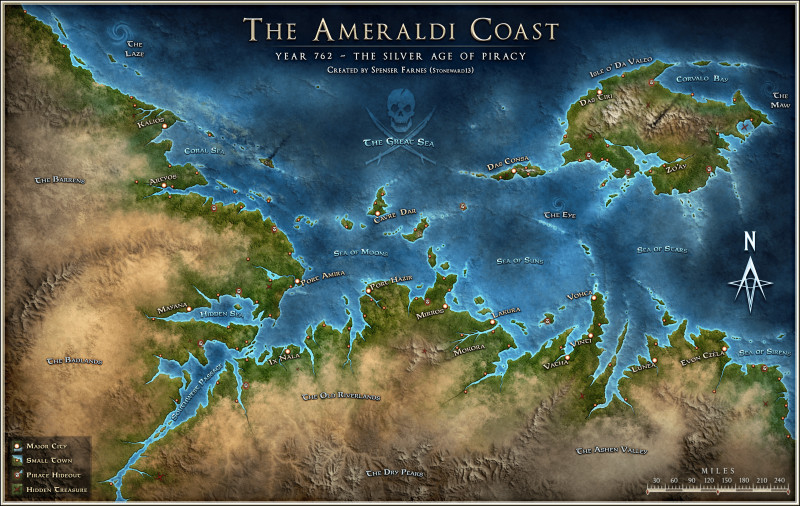 The Ameraldi Coast - FREE - Pirate Adventure Map & Campaign Setting (20 Map Variants + 6 page PDF with Worldbuilding and 6 Playable Nationalities)