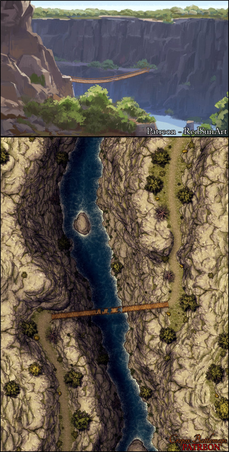 Torn Bridge Gorge 40x55 battle map & scene (Red Sun Art & Cropox Battlemaps)