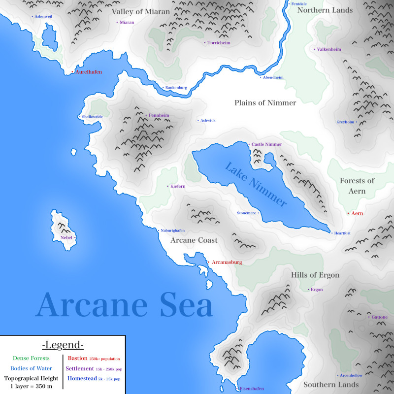 Kingdom of Arcana (roughly 150km by 150km size)