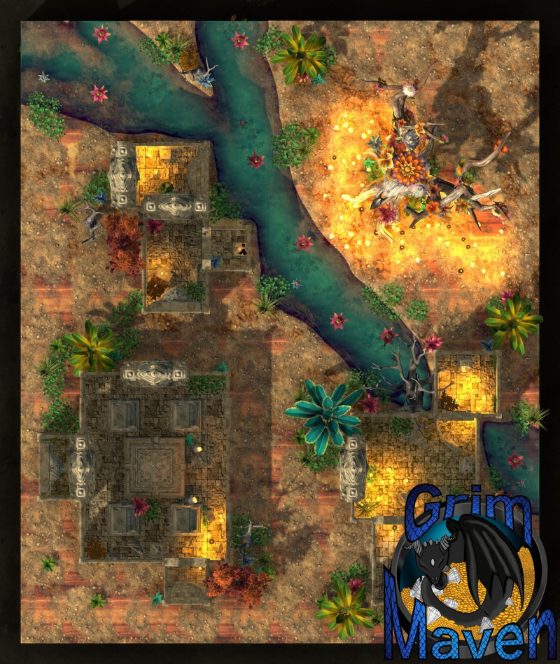 "Fey Temple" (27x32) an ancient ruin, a ritual tree. Something buried beneath? Or a trap waiting to be triggered?