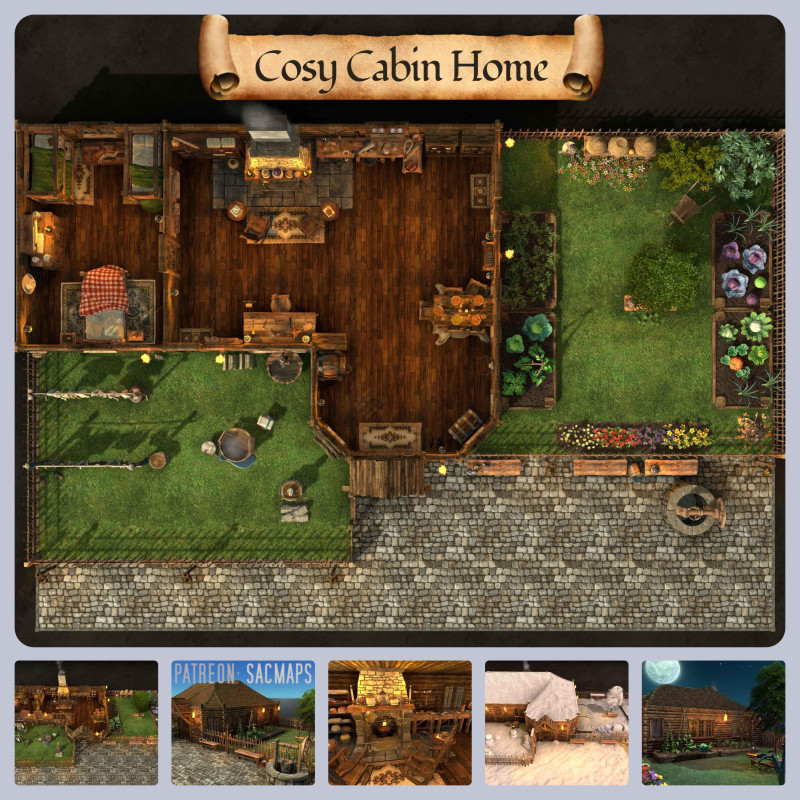 Your murderhobos will leave this flammable cabin full of innocent country folk alone, right? Right? Cosy Cabin Home (23x16) - free day & night maps, plus hundreds more free!