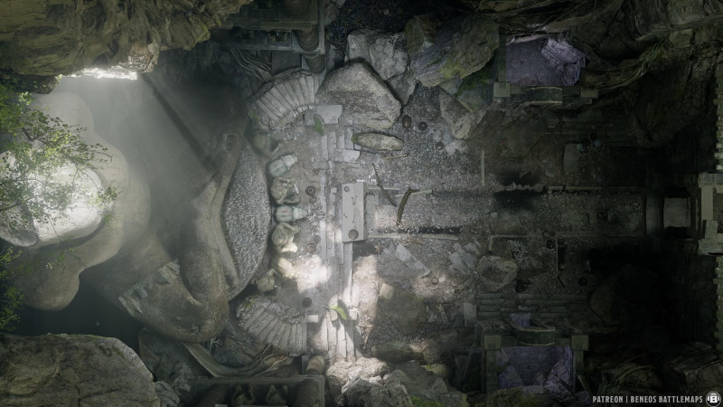 Jungle Temple Ruin Statue | [Animated Battlemap] [32x18] [120px per Square] [Gridless] [3D Rendered] [OC] | Beneos Battlemaps