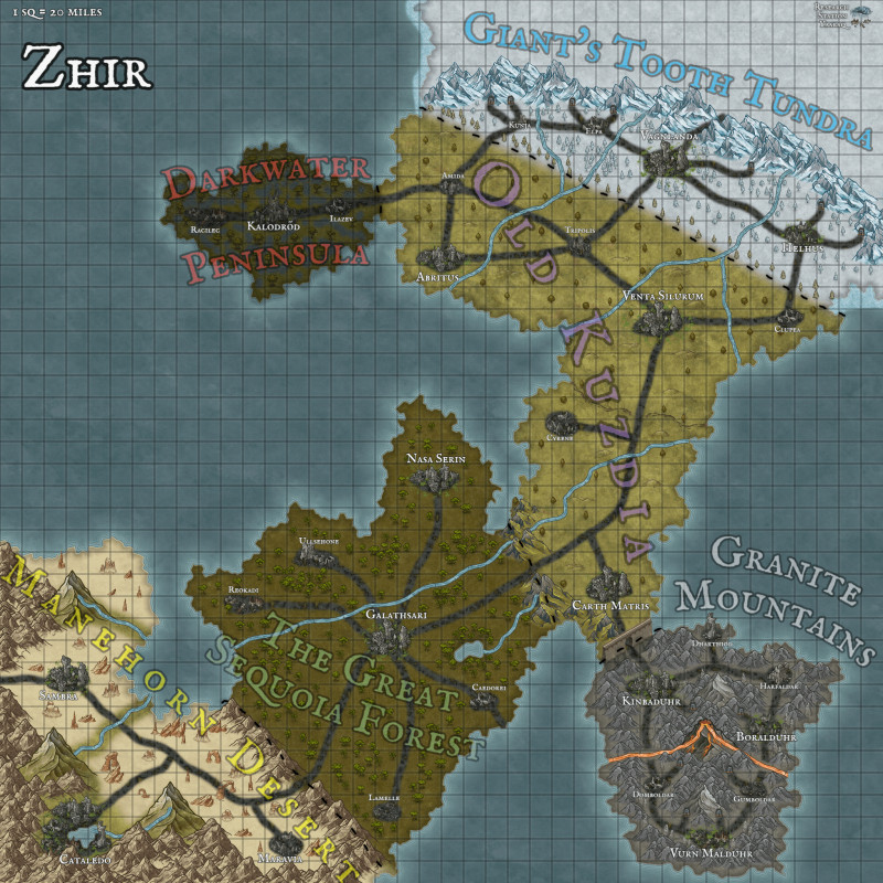 Map for my vehicle based 5.5e game. The world and continent of Zhir.