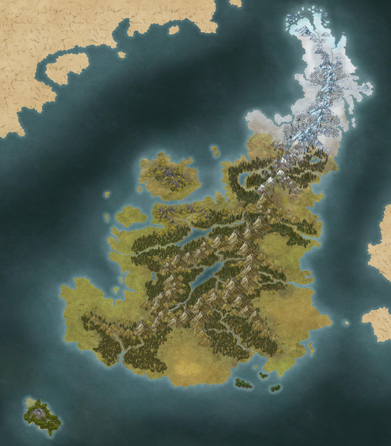 First Fantasy World map; would love feedback on stamp placement & brush blending.