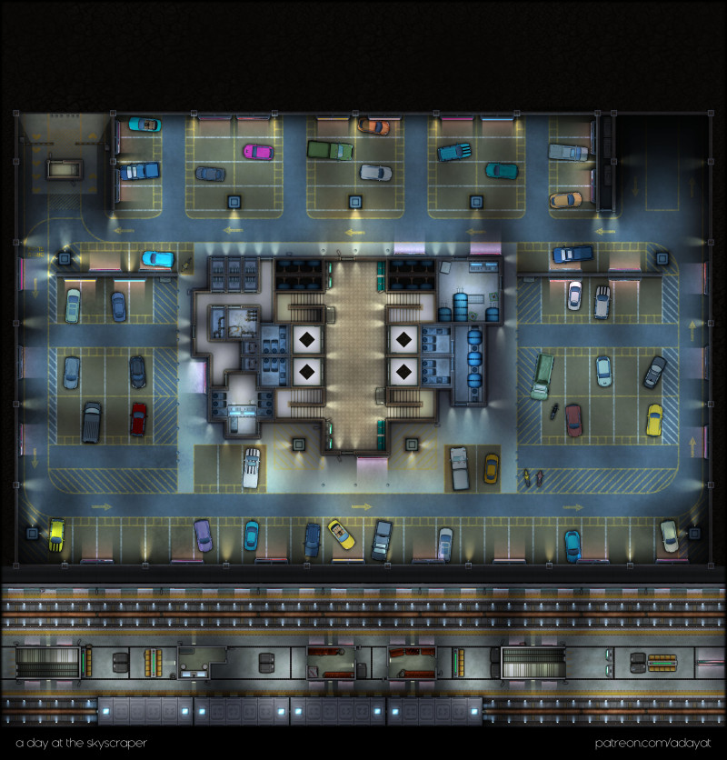 a day at the skyscraper – a multilevel battlemap over 7 unique floors [45x47] [nighttime with blurry background variants]