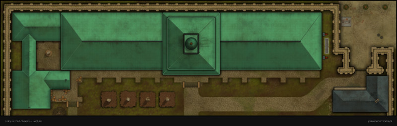 Do you dare venture into the fungus-infested basement rooms of the Campus of Human Sciences? I hope you haven't forgotten your gas mask. > a day at the university battlemaps - Lecture & medical faculty building [82x26, abandoned version] & Entrance [27x43