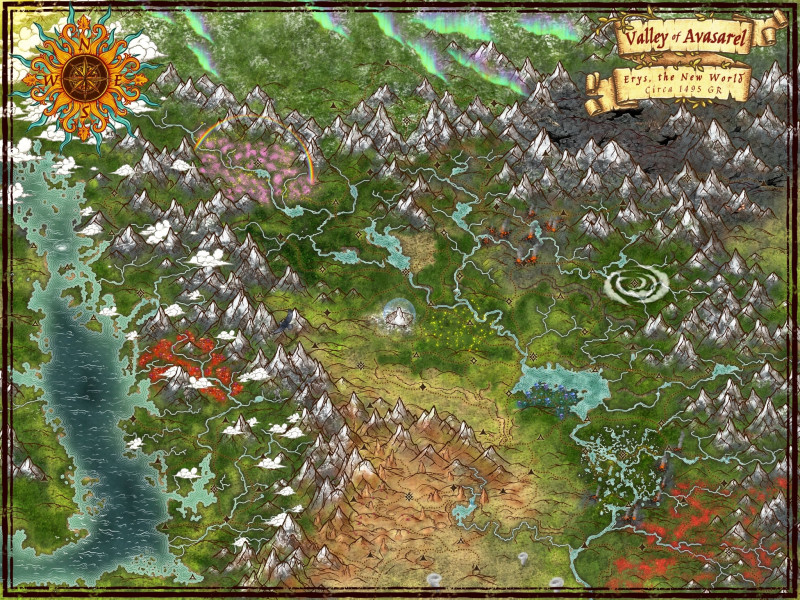 Valley of Avasarel, Continent of Erys circa 1495 GR (Labels + No Labels)
