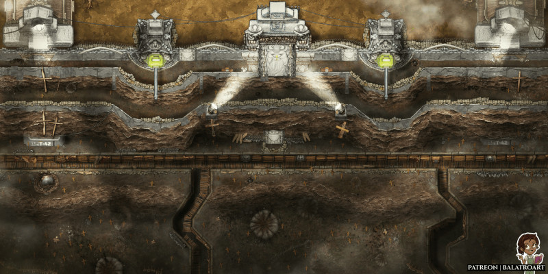 Trench Crusade inspired battlemaps! Steel Necropolis, no man's land, the northern Hellmouth and more.