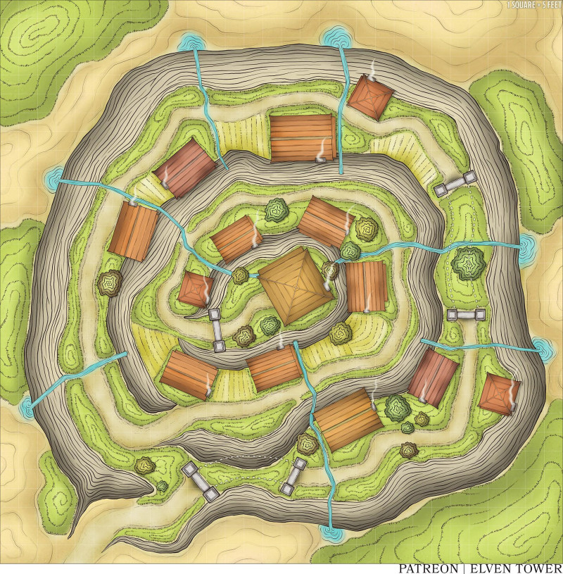 Small town village map built on a spiral rock.