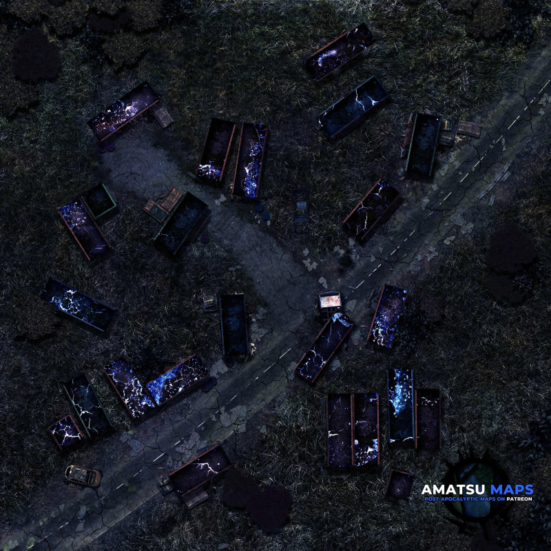 Container Graveyard • a post-apocalyptic battlemap with electrical anomalies 40x40