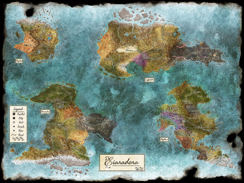 WIP my first parchment world map, 2 versions locations/roads and political w/ heraldry