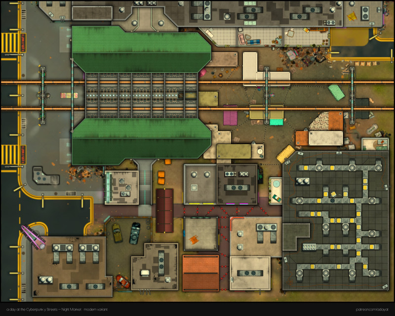 Let's stock up on some gear - The nightmarket's finally in the neighbourhood! > a day at the Cyberpunk-y Streets: The Grey market Street & Highline Station [60x48, modern with active night market variant]