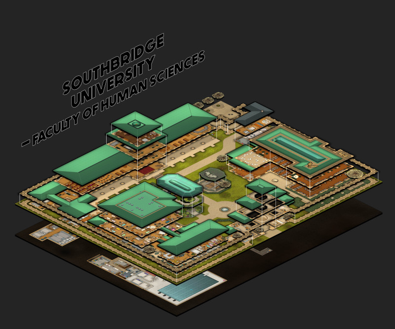 Do you dare venture into the fungus-infested basement rooms of the Campus of Human Sciences? I hope you haven't forgotten your gas mask. > a day at the university battlemaps - Lecture & medical faculty building [82x26, abandoned version] & Entrance [27x43